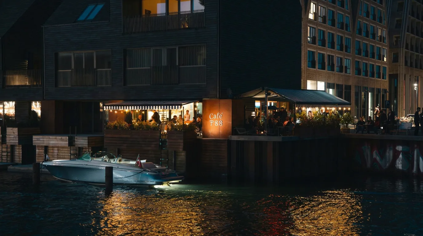 P88 café og terrasse oplyst ved havnen på Papirøen om aftenen