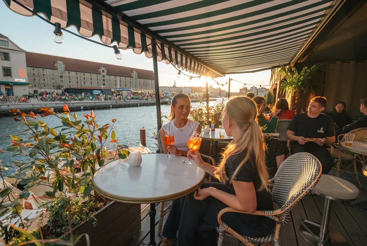 Guests with drinks on the covered P88 terrace beside the harbour on Papirøen