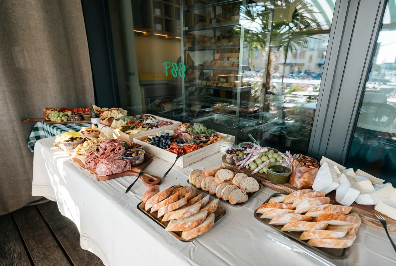 Bord med brød, frugt, ost og pålæg hos P88 på Papirøen