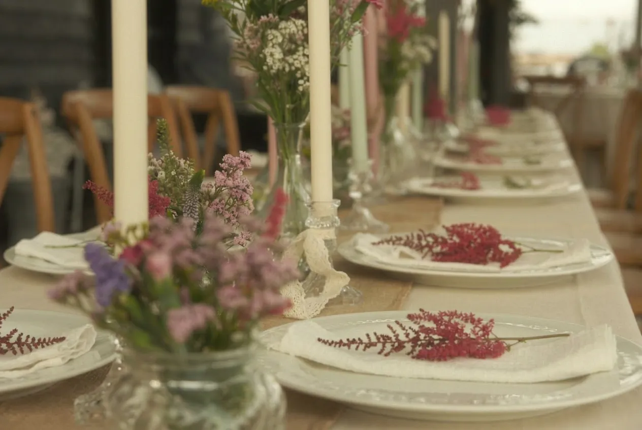Blomster, stearinlys og tallerkener på et dækket bord hos P88 på Papirøen