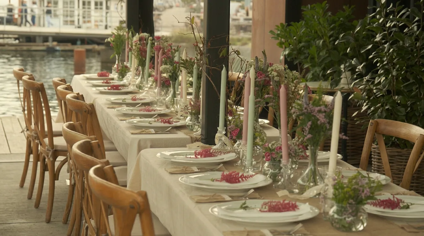 Langbord med blomster og stearinlys hos P88 på Papirøen