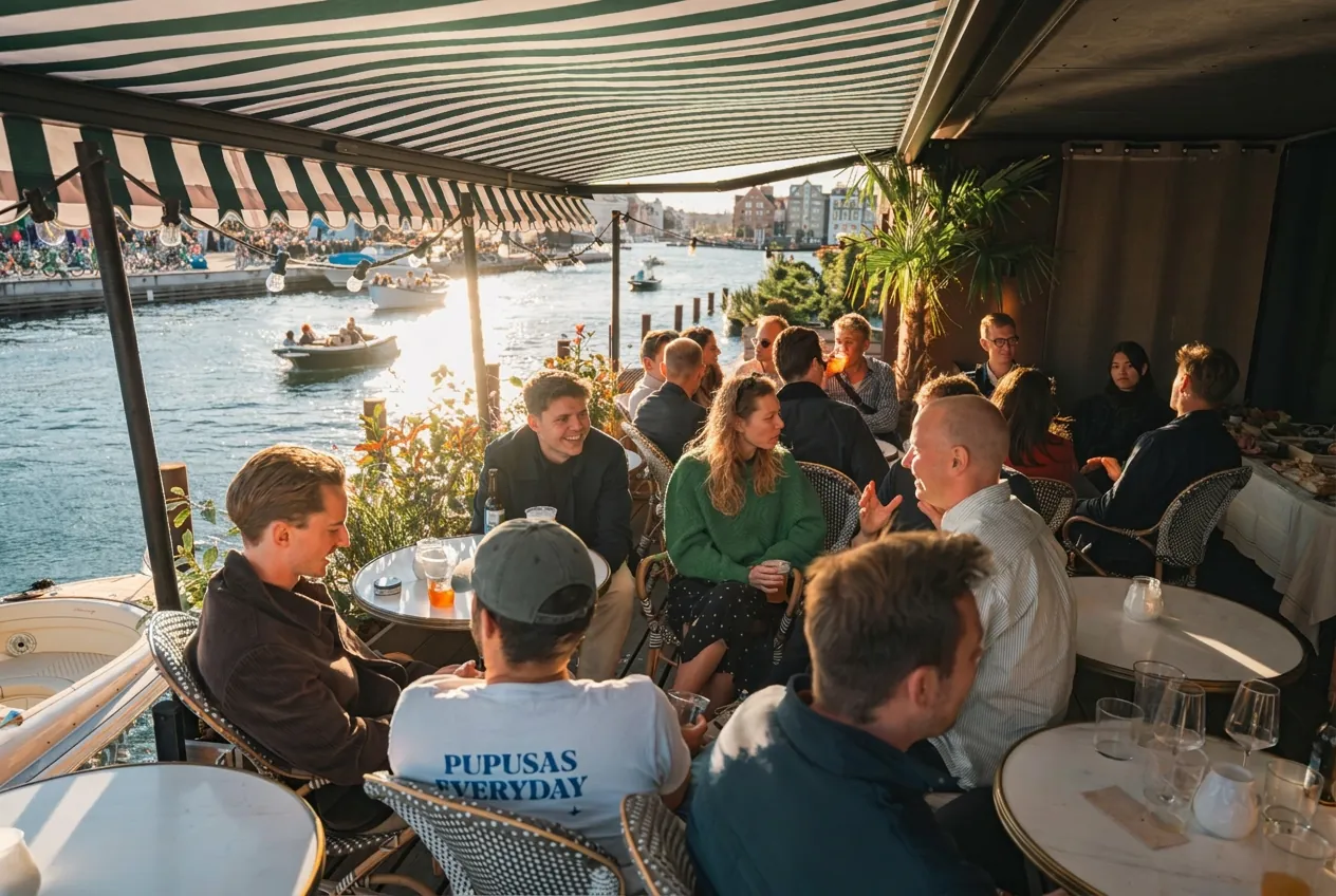 Guests on the P88 terrace overlooking the harbour in evening sunlight on Papirøen