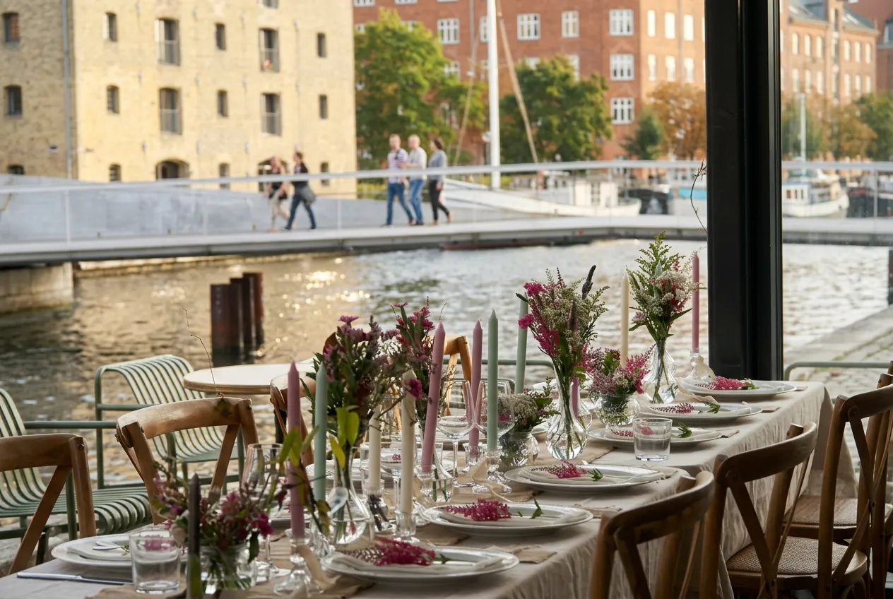Dækket bord med blomster og lys med udsigt til havnen hos P88 på Papirøen